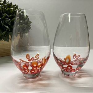2 Hand Blown Stemless Wine Cocktail Glasses Red Bubble Mid Century Modern